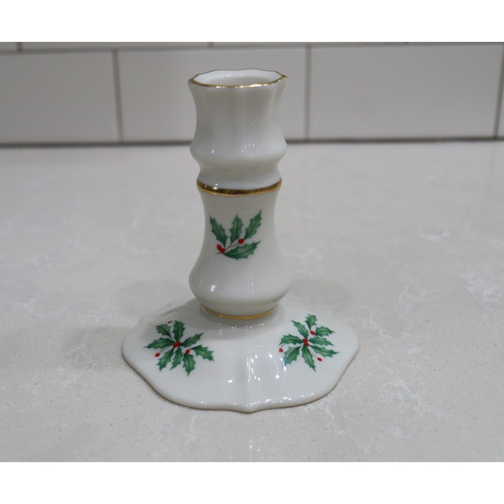 Lenox Holiday Candlestick Holder Holly Berry Gold Trim Ivory China Made in USA